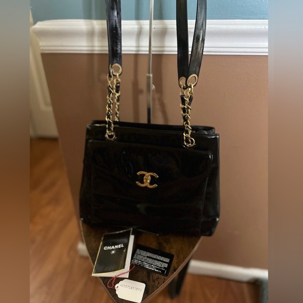 Chanel Vintage Black Patent Leather Chain Tote Shoulder Bag